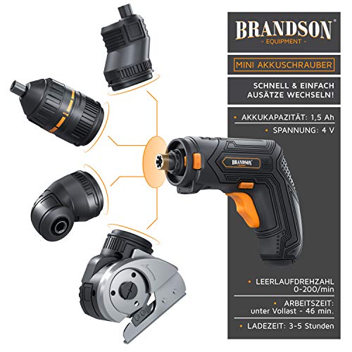 Brandson Akkuschrauber mit Drehmomentaufsatz Schneidaufsatz Winkelaufsatz Exzenteraufsatz 1,5 Ah Lithium Ionen Akku und umfangreichem Zubehör Bitset 2 Drehrichtungen LED Transportkoffer – Bild 6