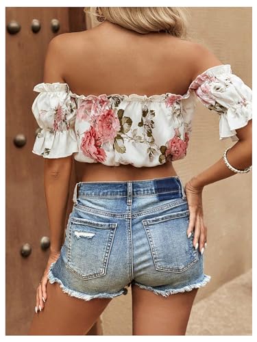 Milumia Women's Floral Off Shoulder Blouse Puff Short Sleeve Frill Trim Tie Front Crop Top2
