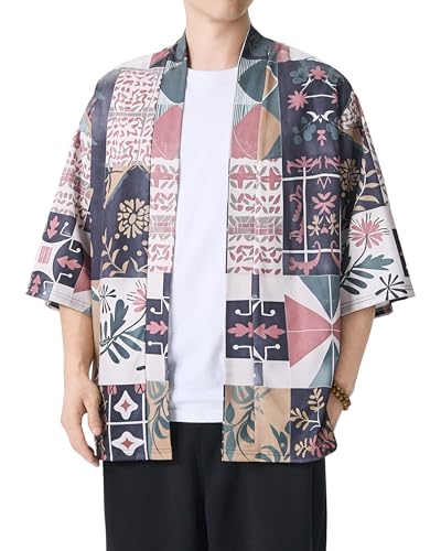 Image of PRIJOUHE Men's Japanese Kimono Cardigan Jackets Casual Long Sleeve Open Front Coat Lightweight Yukata Outwear