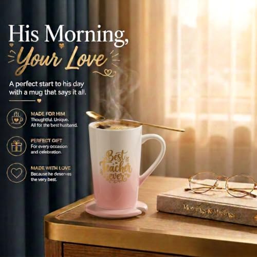 Image of ZAICUS Best Teacher Ever Coffee Mug with Lid & Spoon, Gift for Teachers | Ideal for Coffee, Tea & Daily Use | Perfect Teacher Appreciation Gift | White & Pink Gradient Design