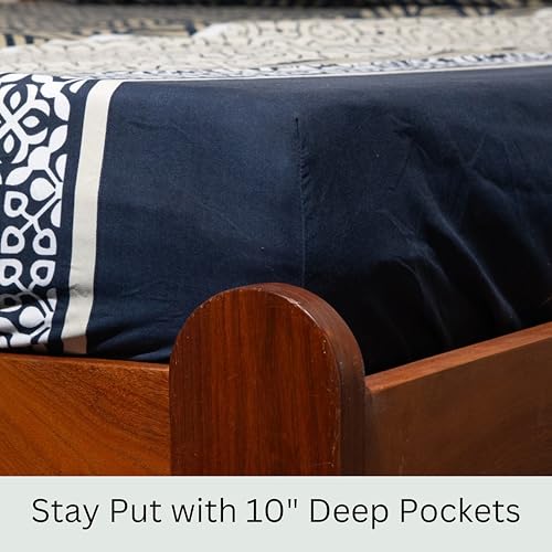 Image of Amazon Brand - Umi Cotton Fitted Bedsheet, Queen Size 78x60 Inches, Elastic Fit Bed Sheet, 10 Inch Deep Pocket, Soft Breathable Bedding, Durable Easy Care, with Pillow Cover-Midnight Maze