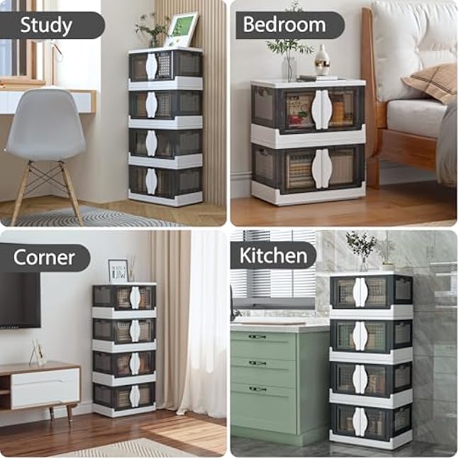 Stackable Plastic Storage Bins with Lids 180QT, Collapsible Closet Organizers and Storage with Wheels, Foldable Organization and Storage Cabinet, Storage Containers for Home 4 Pack