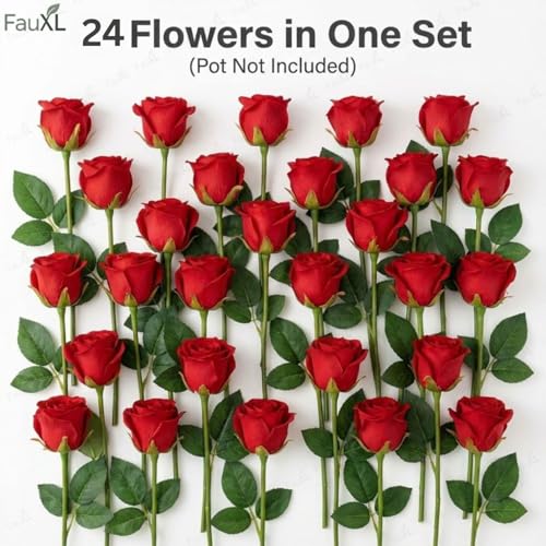 Image of Set of 24 Artificial Rose Flowers Bunches for Vase - Home Decoration Gift Items for Living Room Corner Table Top Bedroom Wedding (Pot Not Included) - 24 CM (Red)