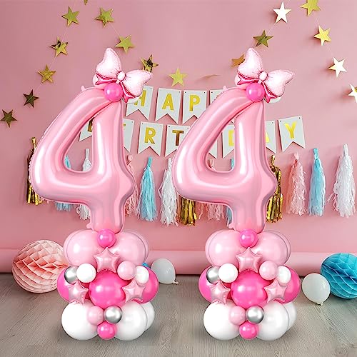 Image of 40 Inch Pink Number 4 Balloon Tower 4th Birthday Decorations for Girls | Large Pastel Baby Hot Pink White Number Four Foil Balloons Stack Set 4 Years Old Princess Fourth Birthday Party Decorations