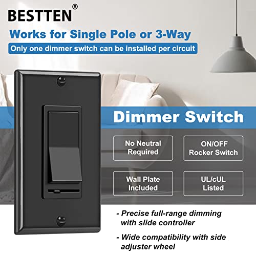 Image of BESTTEN 2 Pack Dimmer Wall Light Switch, Single Pole or 3-Way LED Slide Dimmer Switch, Compatible with Dimmable LED, Incandescent, Halogen and CFL Bulbs, Wallplate Included, UL Listed, Gloss Black