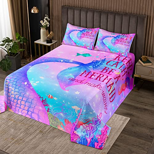Juego de Colcha de Sirena Rosa Ocean Life Sea Animal para niños y niñas, Escamas de Pescado de Caballito de mar, Colcha Acolchada, decoración de Princesa Pastel, tamaño Individual, con 1 Funda de ALM