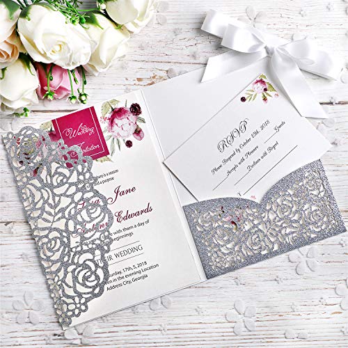 Ponatia 20 Pcs 3 Folds 5X7'' Wedding Invitations Cards With Envelopes Ribbons For Wedding Bridal Shower Engagement Birthday Graduation Invite (Silver Glitter) #TOP2