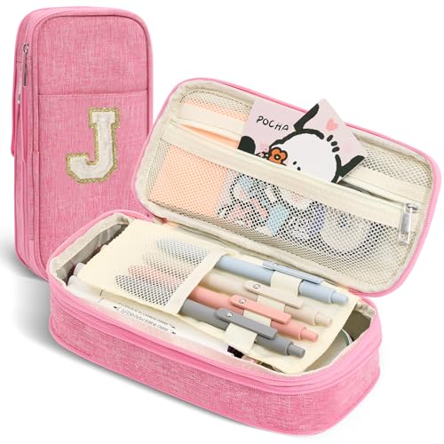 Image of Pencil Bag, Pencil Case for Girls Women, Preppy Pencil Case, Large Initial Pencil Pouch with Zipper, Back to School Supplies, Aesthetic Pen Case Box for Kids Teen Girls - J(Pink)