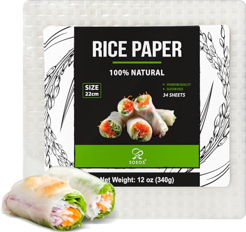 Soeos Papel de arroz, envoltorios de papel de arroz blanco, 1 paquete, 34 hojas de envoltorios de rollo de primavera y albóndigas, sin OMG, sin gluten, bajo en carbohidratos, envolturas de arroz