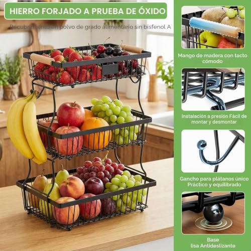 Miniatura 3 de Dwitkul Frutero 3 Pisos, Fruteros De Cocina, Diseño Desmontable, Frutero Para Guardar Fruta Y Verdura Negro
