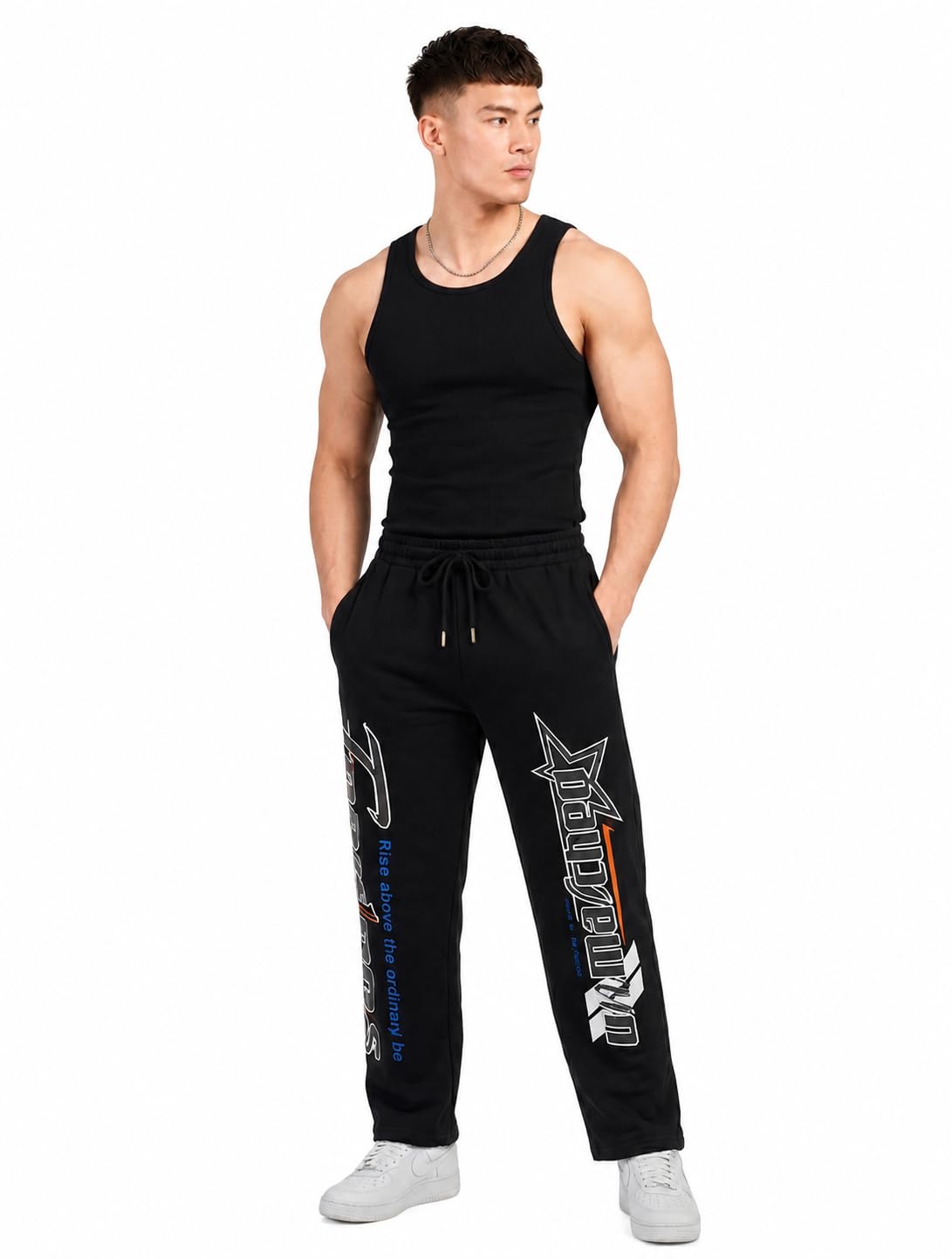 Men's Graphic Printed Track Pants | Premium Cotton Blend Joggers | Streetwear Sweatpants with Dual Side Print | Regular Fit | Elastic Waist with Drawstring | Casual Gym Travel Lounge Bottoms | Black-image-35
