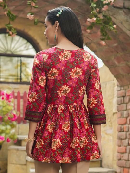 Image of Women Floral Printed Short Kurti Tunic Top | Lace Up Neck, 3 /4 Sleeves, Flared Peplum Hem | Ethnic Casual Office Wear Top for Jeans and Pants