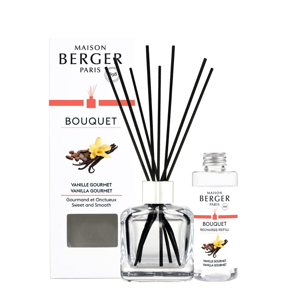 Maison Berger Clear Vanilla Gourmet Glass Reed Diffuser Scented Bouquet – 6 Black Reed Sticks With 100 Ml Fragrance Refill – Made In France
