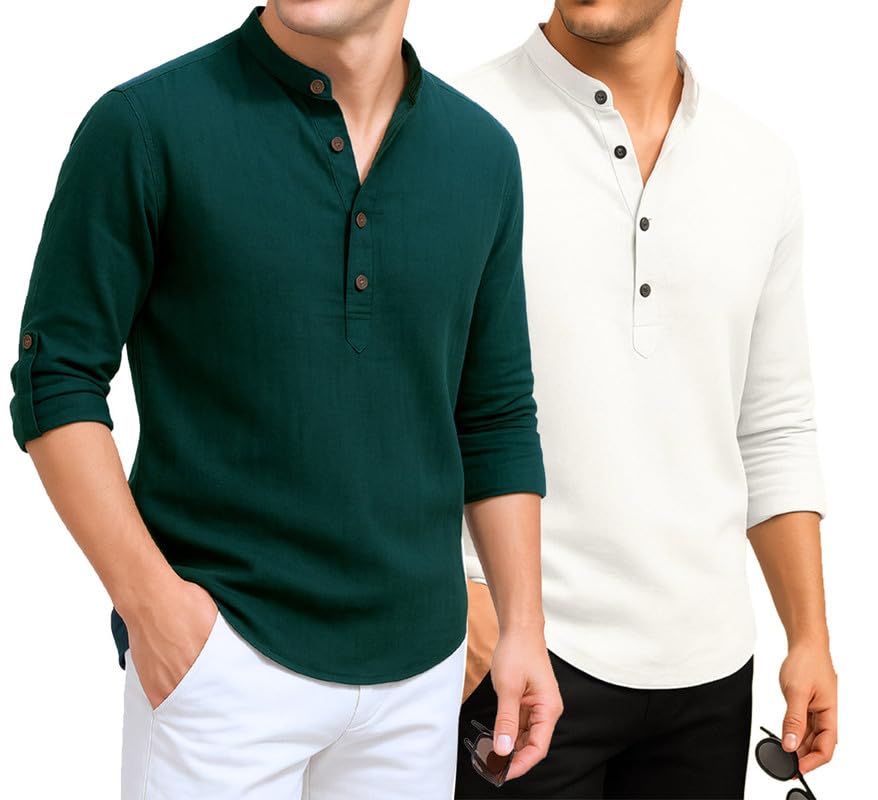 Image of DEELMO Combo of Men's Cotton Blend Solid Regular Fit Full Sleeve Short Kurta | Men's Trendy Short Kurta Pack of 2
