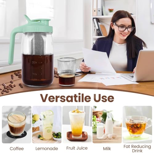 Image of Cold Brew Coffee Maker,32 oz Mason Jar Pitcher with Stainless Steel Filter, Pour Spout Handle Lid, Heavy Duty Glass Airtight & Leak-Proof Pitcher for iced coffee Tea Lemonade-Green
