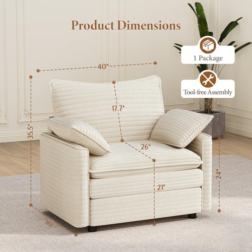 Image of Vesgantti 40 inch Single Seat Sofa, Comfy Cloud Couch Deep Seat Upholstered Couch Corduroy Modern Sofa with Armrest Pillow, Easy Assembly for Living Room, Bedroom and Apartment, Beige