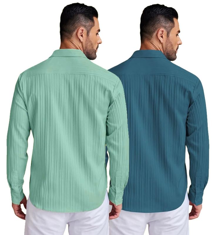 Image of DEELMO Combo of Men's Casual Button Down Shirts Long Sleeve Linen Shirt Fashion Textured Summer Shirts Pack of 2