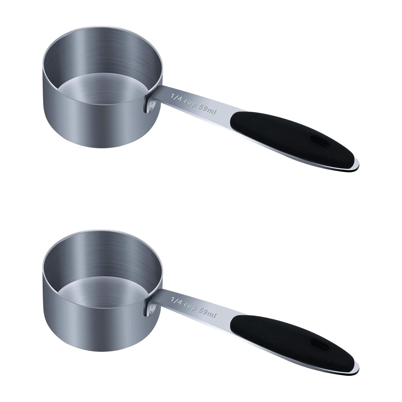 LEIFENY 2 tazas medidoras individuales de 1/4 taza (59 ml, 56.7 g) con agarre de silicona negra, solo cuchara medidora individual de acero inoxidable