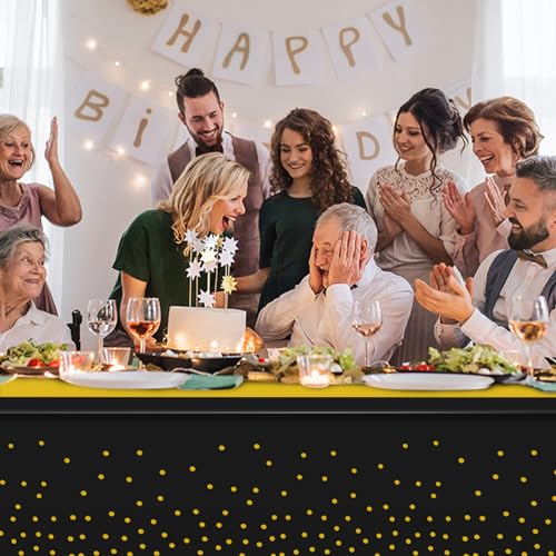 Image of 12Pcs Black and Gold Tablecloth Party Decorations,Plastic Black Table Cloth Printed Gold Table Runner Disposable Rectangle Table Cover for Birthday Retirement Anniversary Graduation Party,54 x108 Inch