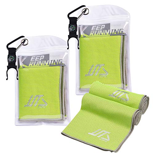 JUSTA-クールタオル 冷感タオル スポーツタオル 軽量 超吸水 暑さ、熱中症対策 ひんやり冷却タオル 速乾タオル 速乾 薄く 瞬間冷却＆UVカット２枚セット 100×30cm 防水袋付き (グリーン)