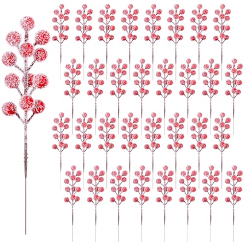 Fangoo 32 Pack 23cm Artificial Christmas Sprays Snowy Red Berry Picks Holly Red Berry Stems for Christmas Tree Fake Berries Branches Winter DIY Crafts Wedding Home Party Decor
