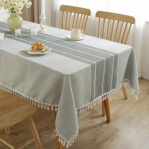 JIALE Table Cloth for Rectangle Table, 120in Brown and 120in Grey Tablecloths Brown Striped Heavy Duty Cotton Linen (2 pcs) Cover