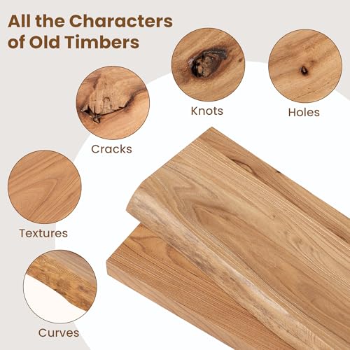 Image of Floating Shelves for Wall, Rustic Solid Elm Wood Live Edge Floating Shelves Wall Mounted, Wall Shelves with Invisible Bracket for Living Room Bedroom Bathroom Kitchen, 15.7 Inch Set of 2, Natural