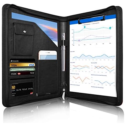 NEWYES Conference Folder, Portfolio A4 Zipped Multifunctional Business Clipboard Folder Files Document Leather Organiser Cases with Pen Holder & Ring Binder, black Cover