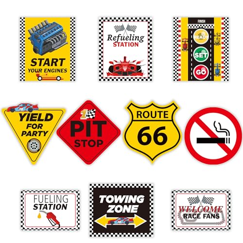 10 Pieces Racing Party Decorations Race Car Theme Party Sign Cutouts Cards for Let's Go Racing Birthday Party Supplies