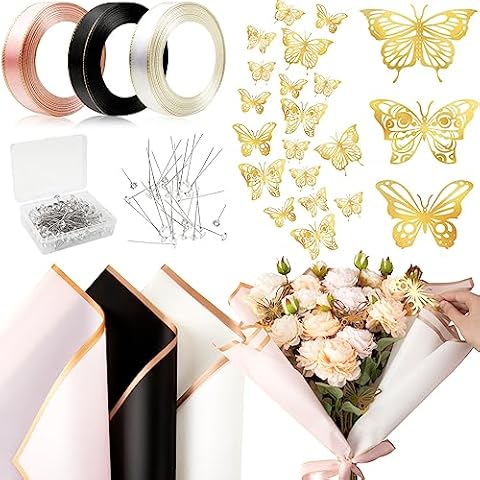 KFPPLXQ 200 Pcs Flower Wrapping Paper, 60 Sheets 22.8IN Waterproof Floral Wrapping Paper with 3 Rolls of Ribbon and 100 Pins 36 3D Butterflies Bouquet Packaging Paper for Flower Shop Mother’s Day Cover
