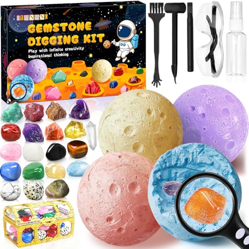 ITMNMNL Kit de Excavación de Piedras Preciosas, Minerales para Niños, 20 Piedras y Cristales Naturales, Sistema Solar, Planetas, Cavando la Luna, Juguetes Educativos de Ciencias para Niños 6-10Años