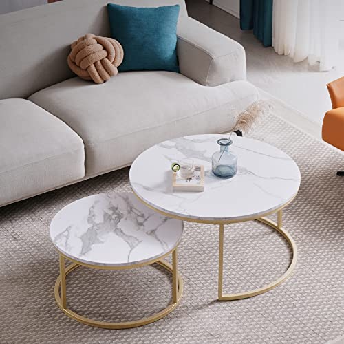 BenyLed Lot de 2 Tables Basses Gigognes, Table de Salon Ronde, Grand Modèle : 60 x 60 x 45 cm et Petit Modèle : 40 x 40 x 35 cm (Blanc/Or) Cover