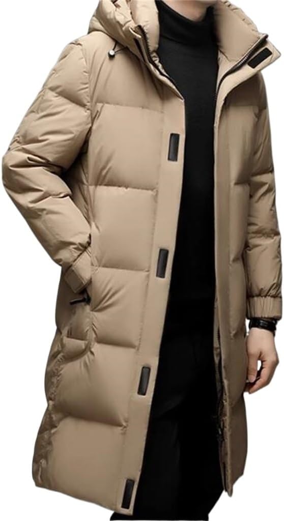 Hooded Men's Winter Down Jacket In The Long Over The Knee Thick Warm