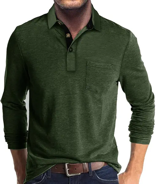 Men's Casual Polo Shirts Classic Button Basic Long Sleeve Shirt Solid Color Cotton Tees Stylish Tops