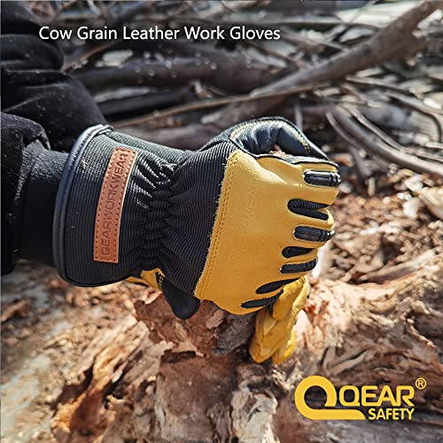 QEARSAFETY 1 pair Cowhide Work Safety Gloves, Gardening, Thorn Resistance, Mechanic Work, Palm Padded, Knuckle TPR Anti-Impact Protect, Screen Touch Fingers, Multi-Purpose (Large)