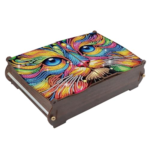 Image of MVVMTOP Diamond Painting Kit Wooden Storage Box, Colorful cat DIY Special Shaped Diamond Flip Cover Wooden Money Box, Handmade Art Desktop Decorations Birthday Gifts for Friends