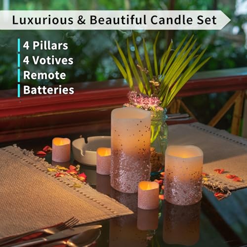 FURORA LIGHTING Pink Glitter LED Candles with Remote and Timer, 4 Pillars and 4 Votives Pack of 8, Real Wax Flameless Flickering Candles for Home Décor, Battery Included - Thumbnail 2