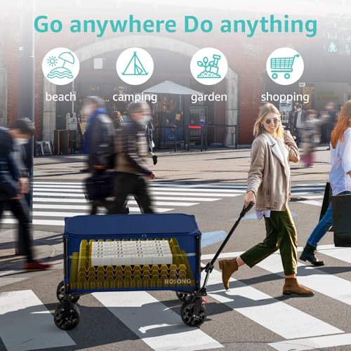 Image of ROSONG Collapsible Wagon Cart with Wheels Foldable - Folding Utility Heavy Duty Wagons Carts for Grocery Sports Garden Shopping Camping Wheelbarrows (120L Dark Blue with Lid)
