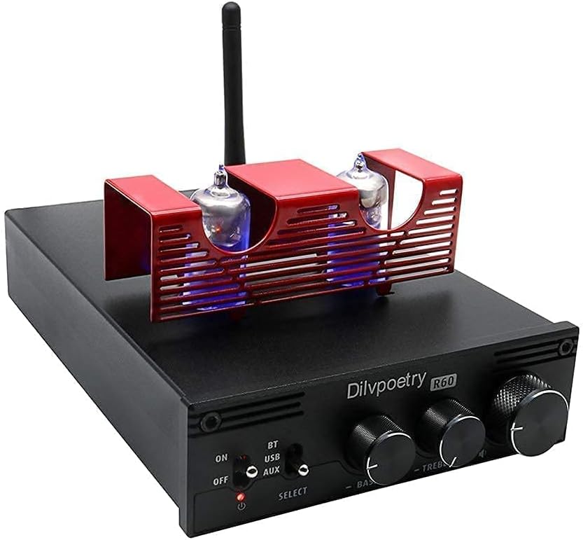 New Arrivals Dilvpoetry R60 Bluetooth Vacuum Tube Amplifier 6K4 Valve Digital Power Amplifier Preamplfiier 160W x 160W Buffer Preamp Treble & Bass Control (Black)