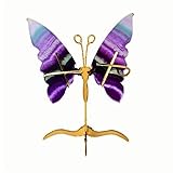 CHYIFSHIYM Natural Fluorite Butterfly Crystal Figurine – Hand-Carved Healing Crystal Angel Wing Sculpture with Golden Stand for Home Office Energy Décor