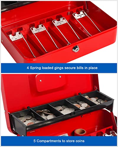 Lovndi Large Cash Box with Money Tray and Lock, Metal Money Box for Cash, Lockbox 11.8 x 9.5 x 3.54 Inches (Red key lock) - Thumbnail 2