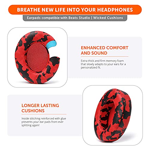 Image of WC Wicked Cushions Replacement Ear Pads for Beats Studio 2 & 3 (B0501, B0500) Wired & Wireless | Does NOT Fit Beats Solo | Softer PU Leather, Enhanced Foam & Stronger Adhesive | Red Camo