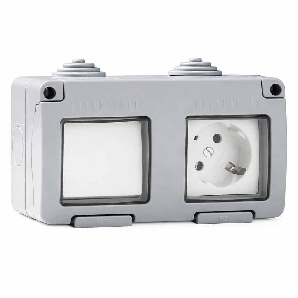 Conmutador + Base Enchufe Exterior IP55 16A 250V con Tapa de Portección Infantil