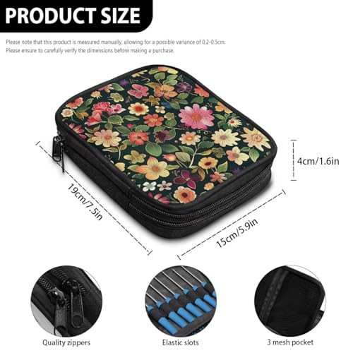 Image of Crochet Hook Case Floral Crochet Hook Holder Portable Crochet Hook Storage Bag with Web Pockets Suitable for Crochet Needles /Knitting Accessories