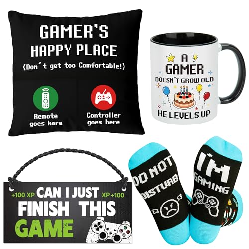 MerriBox Gaming Gifts for Men Boys Teens Gaming Accessories for Room Gaming Stuff with Funny Gaming Socks Cushion Cover Gaming Cup Hanging Door Sign Gamer Room Decor