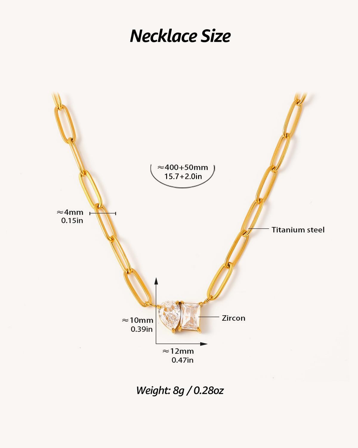 Women's Necklace 18K Gold Plated Paperclip Chain with Square & Teardrop Zircon Gemstones Pendant, 15.7"+2" Adjustable Elegant & Sweet Dainty Jewelry for Everyday Wear - Image 6