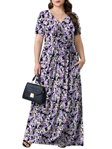 Image of PEVRL Plus Size Summer Maxi Dress for Curvy Women with Pockets 1X-5X | Short Sleeve, Twisted Front V-Neck, Summer Casual A Line Flowy Dress, Empire Waist Floral Print Beach Vacation Long Dress