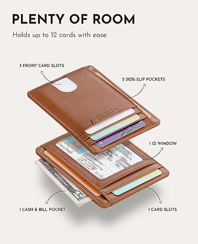 Image of Buffway Slim Wallet for Men Women Minimalist Small Leather Front Pocket Wallets with RFID Blocking and Gifts Box - Bassa Brown