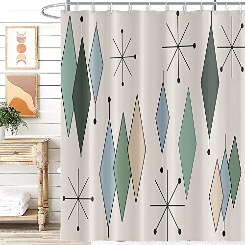 Umpoo Mid Century Shower Curtain Modern Abstract Diamond Geometric Atomic Starburst Pattern for 1950s Retro Bathroom Decor Accessories Shower Curtain Set with 12 Hooks 72x72 Inches
