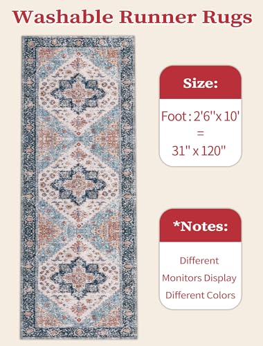 SERISSA Boho Washable Runner Rug, 2'6"x10' Long Non-Slip Vintage Blue Orange Hallway Kitchen Stair Runner Rug Ultra Soft Print Distressed Floor Carpet for Bedroom Bathroom Laundry Room